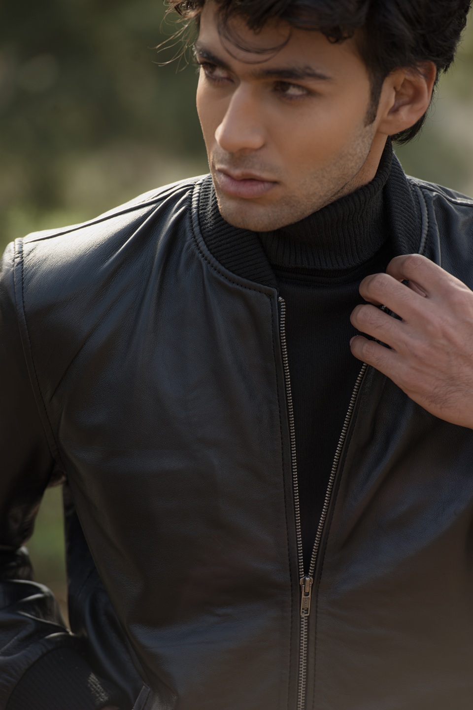 Custom Chris Black Leather Bomber Jacket